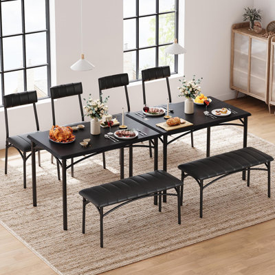 4PCS  Dining Table and ChaiSet, Modern Rectangular Dining Table with Upholstered, Black Bench & Chairs, for Dining Room, Kitchen, Compact Areas