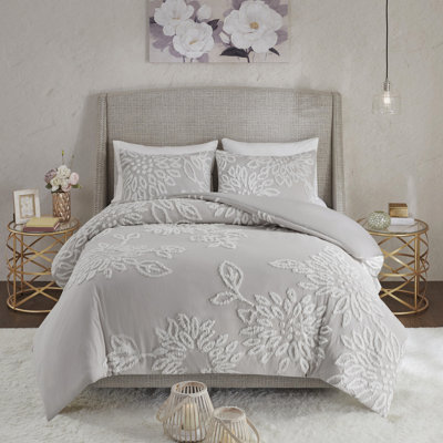3 Piece Chenille Floral Comforter - Warm Grey/White Bedroom Cotton Full/Queen Machine Washable Decoration