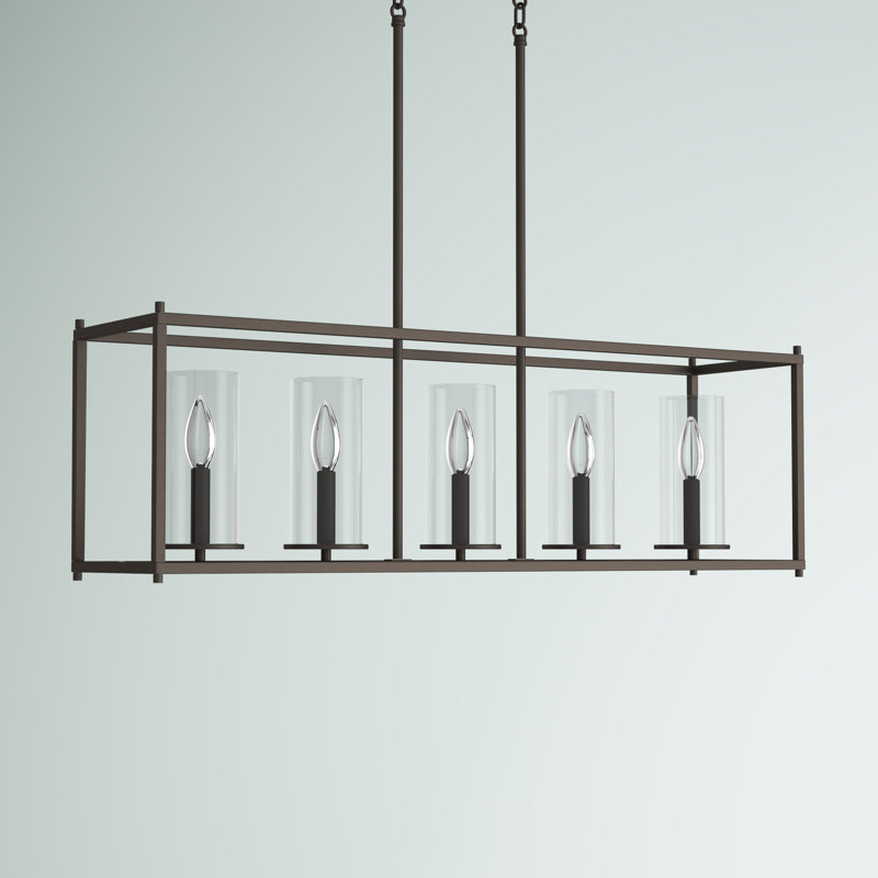 Lustre 5 lumières bronze antique avec abat-jour en verre transparent, Bronze vieilli
