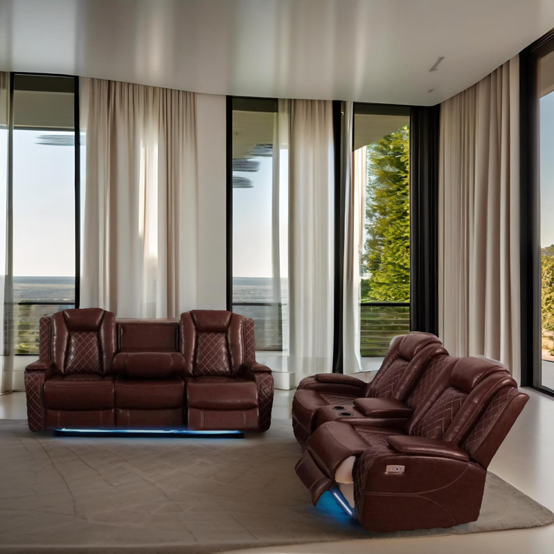 Ensemble de canapé de salon inclinable 2 pièces en cuir végétalien brun Cove avec porte-gobelets, recharge sans fil et lumières DEL