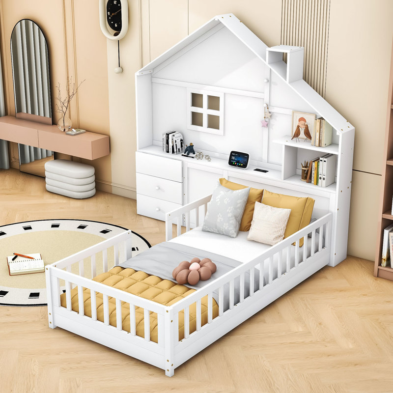 Lit maison avec 2 tiroirs, tablettes, prises et port USB, Simple