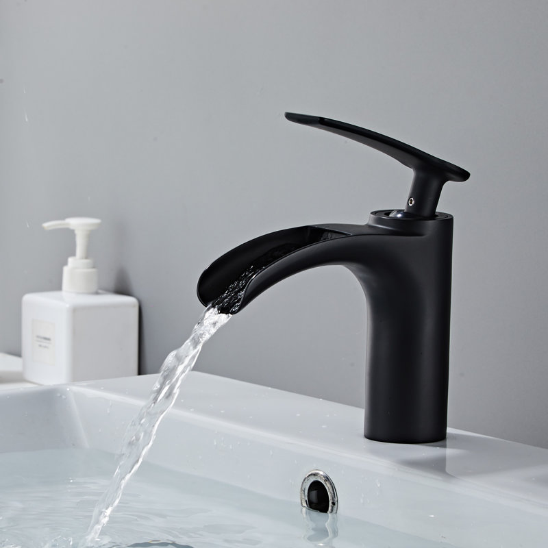 Robinet pour salle de bain à poignée simple avec plaque de pont et ensemble de drain, Noir mat