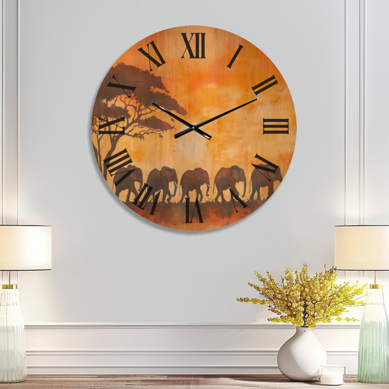 Très grande horloge murale en bois sauvage - Marche d'éléphants au coucher du soleil, Medium