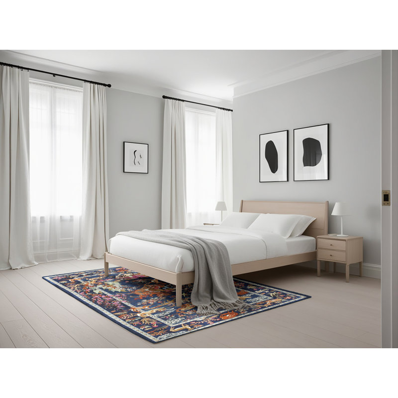Tapis floral bleu foncé / brun à motif floral, Rectangle 5 pi x 7 pi