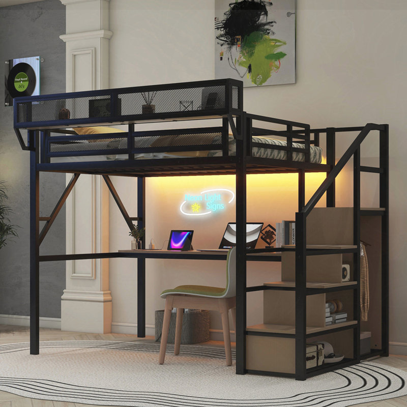 Lit mezzanine avec bureau et station de charge, lit mezzanine en métal avec escalier et lumière pour enfants adolescents