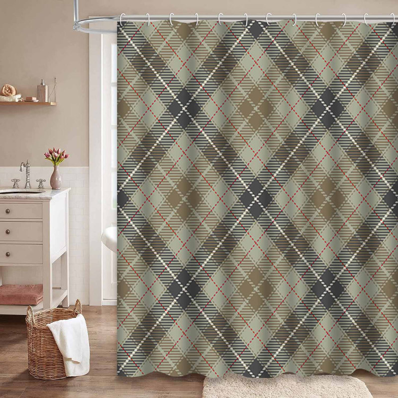 Rideau de douche tartan brun gris beige blanc rouge avec 12 crochets, L 72 po x l 84 po