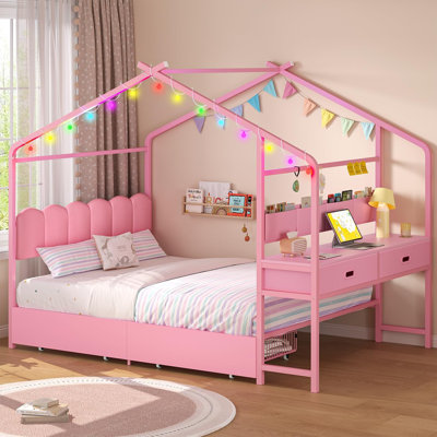 Lit plateforme double avec bureau, rangement et lumières DEL, rose