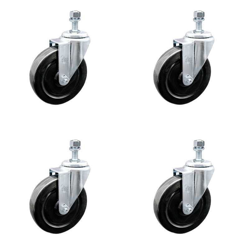 Rubber Wheel Swivel 10mm Threaded Stem Caster Set 2 Brakes SCC