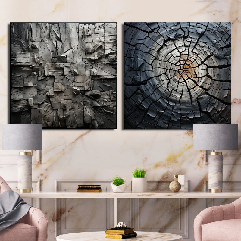 Spiritual Grey Geode Stone Minimalisme - Fractals Square, ensemble de 2 collages, Toile tendue, H 36 po x l 73 po