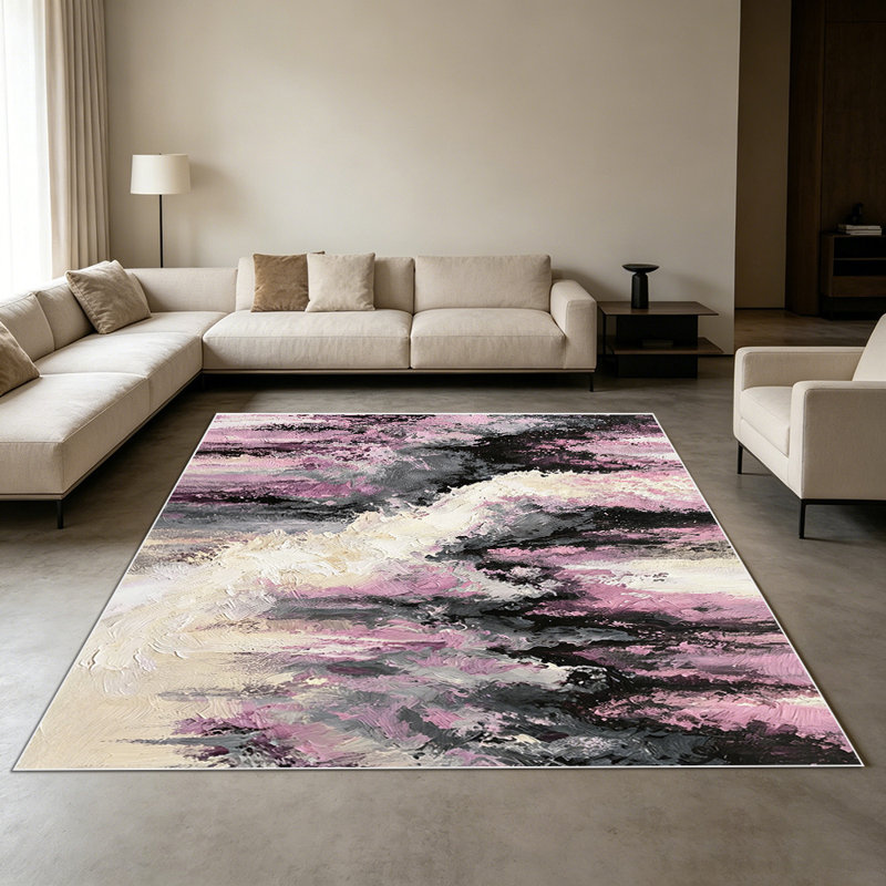 1PC Abstract Pink Black Grey Cream Textured Oil Painting area rugs for Living Room, Soft and Comfortable, Suitable for all seasons, easy-to-maintain, machine washable Indoor floor mat, Under Table Farmhouse suitable for Dining Room, Bedroom,