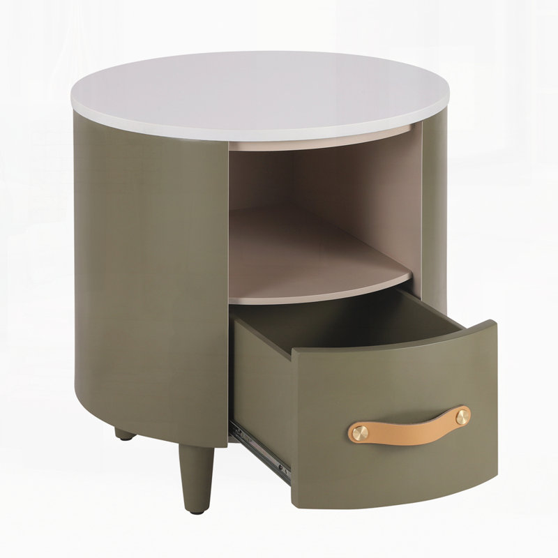 Modern Round Nightstand With Storage Drawer, Green
