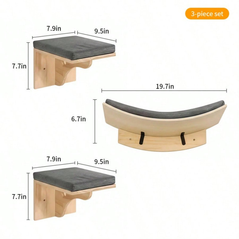 Ensemble de perchoirs muraux en bois, étagère de coin pour chat avec marches et coussin moelleux
