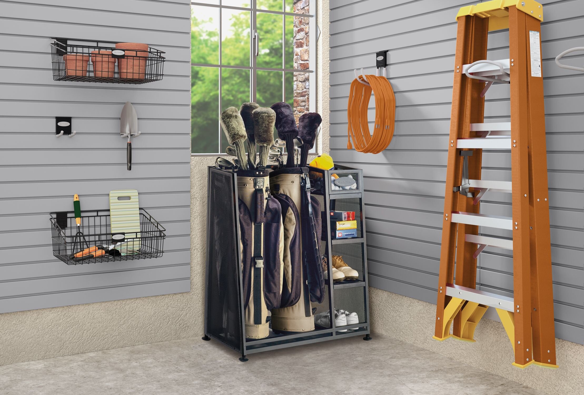 Suncast Metal Complete Golf Bag Organizer For Garage W/ Shelves & Bin (2  Pack) : Target