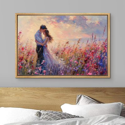 " Romantic Twilight Embracing Couple In Wildflower Meadow "