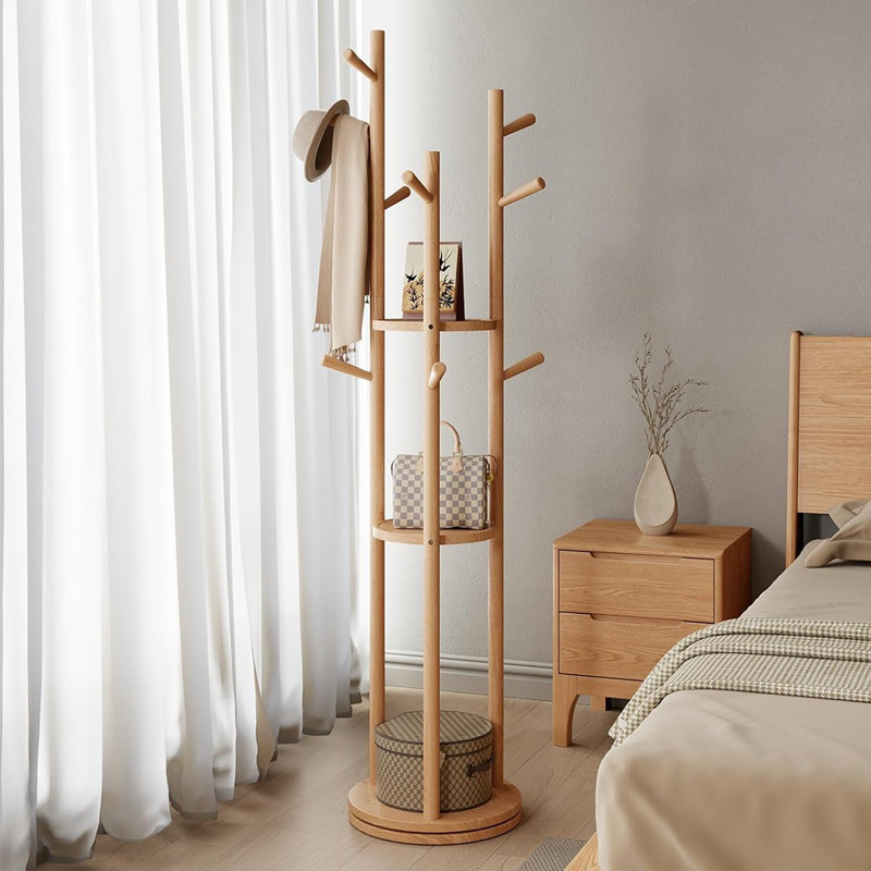 Wood Rotary Coat Rack, Freestanding Coat Rack With 3 Shelv...