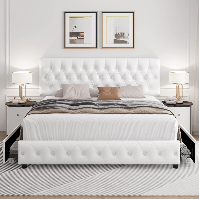 Structure de lit moderne avec 4 tiroirs, Lit double, Blanc