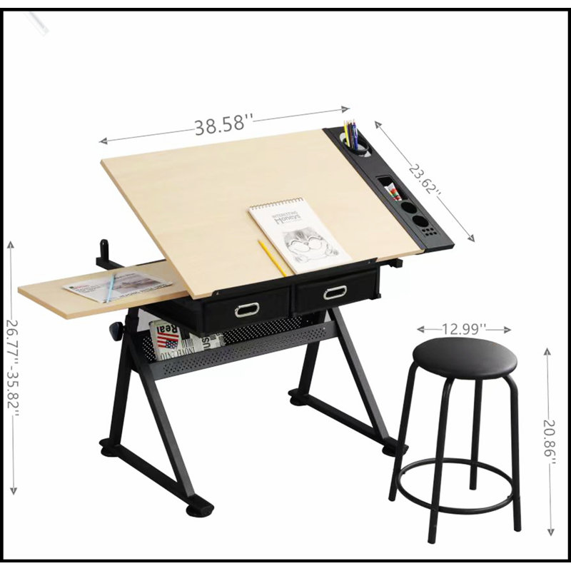 Bureau de dessin réglable avec 2 tiroirs et tabouret pour bureau à domicile et école, ergonomique et polyvalent, Maple/Black