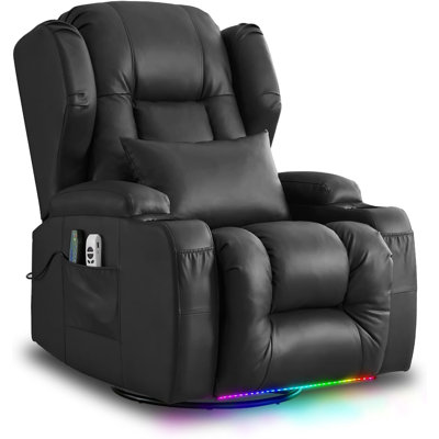 Aguilera Faux Leather Swivel Rocker Power Recliner Home Theater Chair with Cup Holders USB LED Lights
