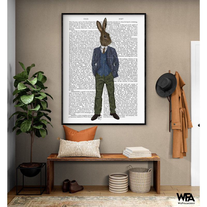 Lapin en gilet bleu, décoration murale studio sur mesure, art mural de studio de couture encadré, idée de cadeau de lapin, affiche de mode