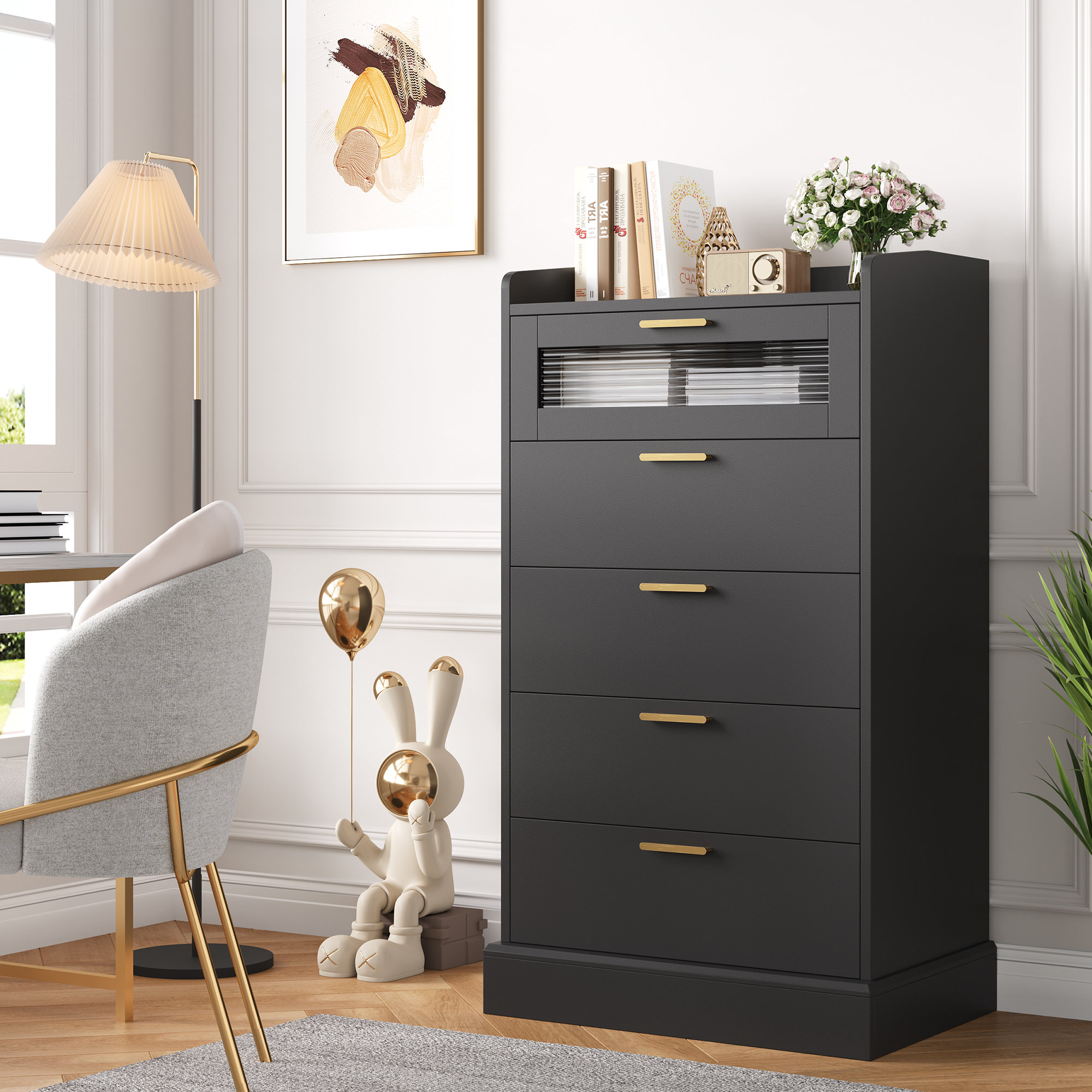 Wade Logan® Bocker 45.6" 5 - Drawer Dresser with Glass Door & Reviews | Wayfair