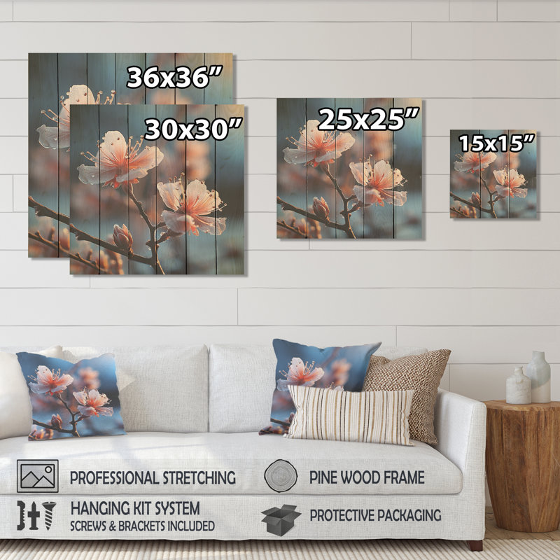 «Winter Cherry Blossoum Flowers I - Plantes et fleurs sur bois», H 15 po x l 15 po