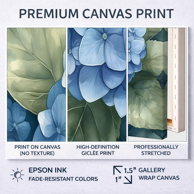 Hydrangées bleues proches I - décoration murale florale bleue, Cadre flottant noir, H 16 po x l 32 po