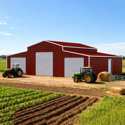 Abri de jardin métallique robuste de 12,8 m x 9,1 m avec protection contre les intempéries, acier galvanisé 14, 26 panneaux, trois portes sectionnelles, entrée latérale, fenêtre de ventilation, finition rouille rouge, garage/maison de 117 m²