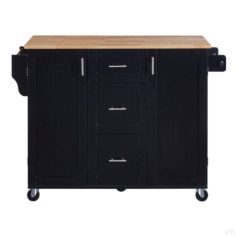 Îlot de cuisine avec rangement K&K, chariot de cuisine avec plateau en bois d'hévéa, 3 tiroirs, 2 tablettes coulissantes et support de rangement interne, îlot de cuisine sur roulettes avec support à épices et support à tour