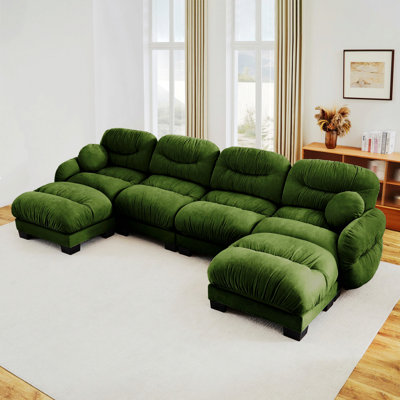 Modular U-Shape Sofa, 4-Seater Sofa with Two Ottomans and Round Pillows