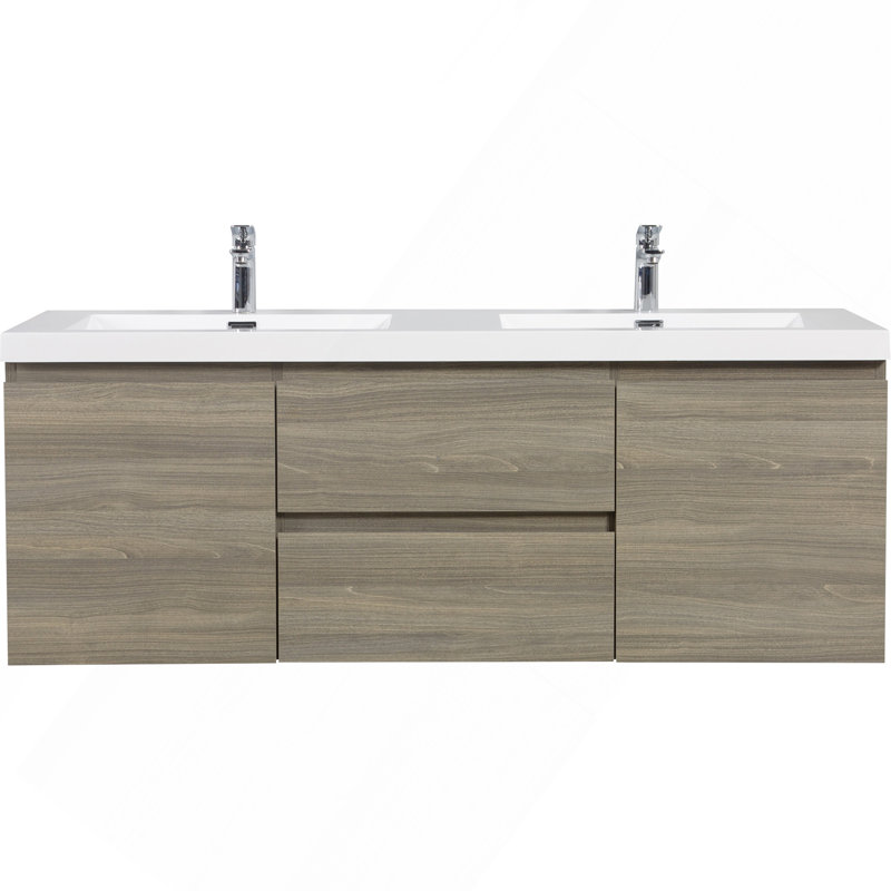 Meuble-lavabo flottant 60 po avec lavabo, meuble-lavabo mural moderne 60 po avec lavabo à surface solide, deux lavabos et tiroirs à fermeture en douceur