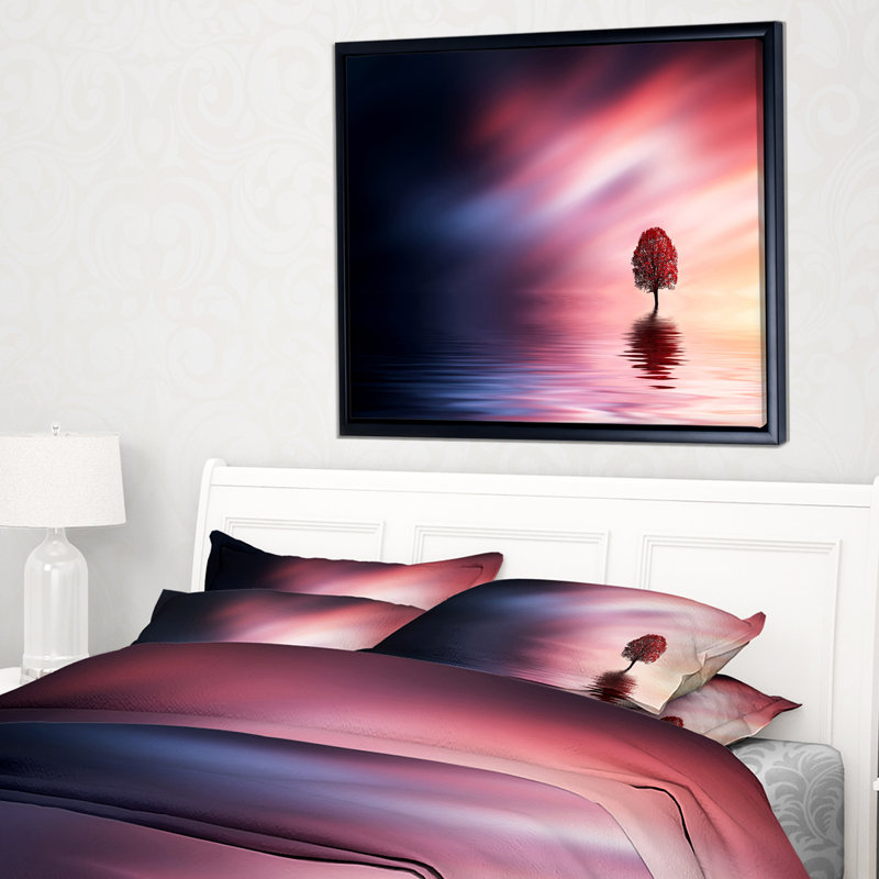 Arbre solitaire étonnant avec art graphique d'oiseaux, H 30 po x l 40 po x P 1,5 po, Toile avec cadre flottant