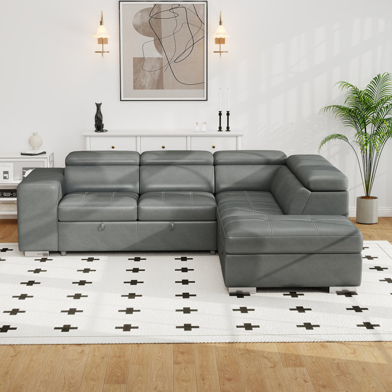 104" L Shape Sectional Sleeper Sofa 2 in 1 Convertible Sleeper Sofa With Pull Out Bed And 2 Stools, Gray Polyester