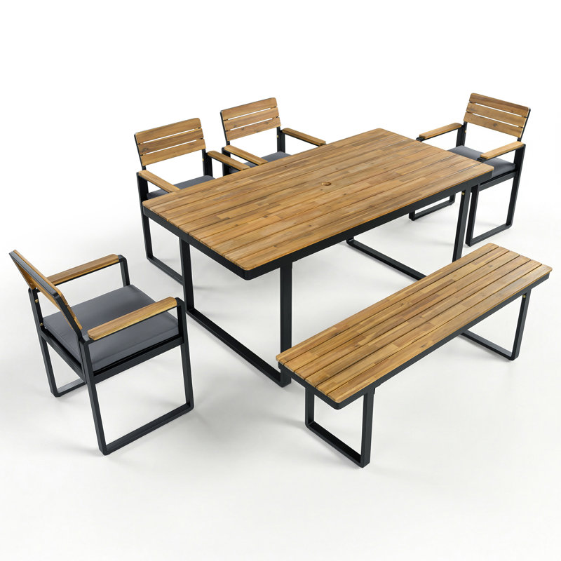 Ensemble de salle à manger 6 pièces en bois d'acacia avec 4 chaises coussinées et banc, ensemble de table de salle à manger pour 6