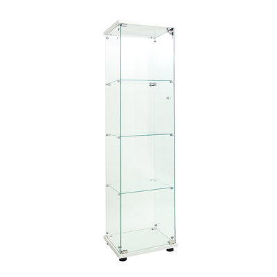 White Glass Display Case With One Door - Spacious For Photos And Decor Lighted 4 Shelf Cabinet, Safe Exhibits