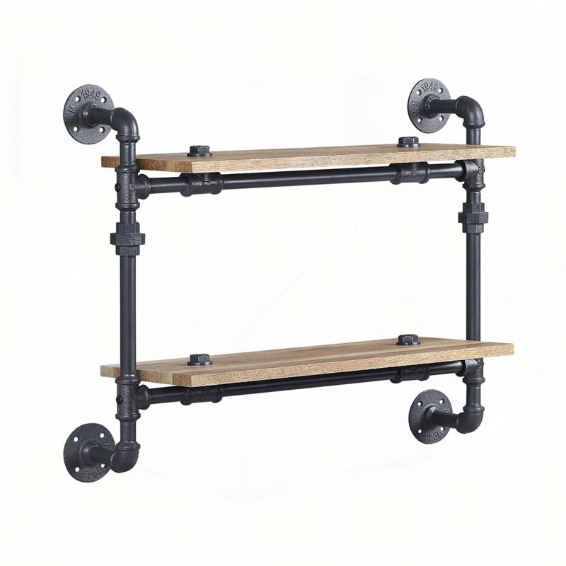 2 Tier Wall Shelf with Metal Tube, Oak and Sandy Black
