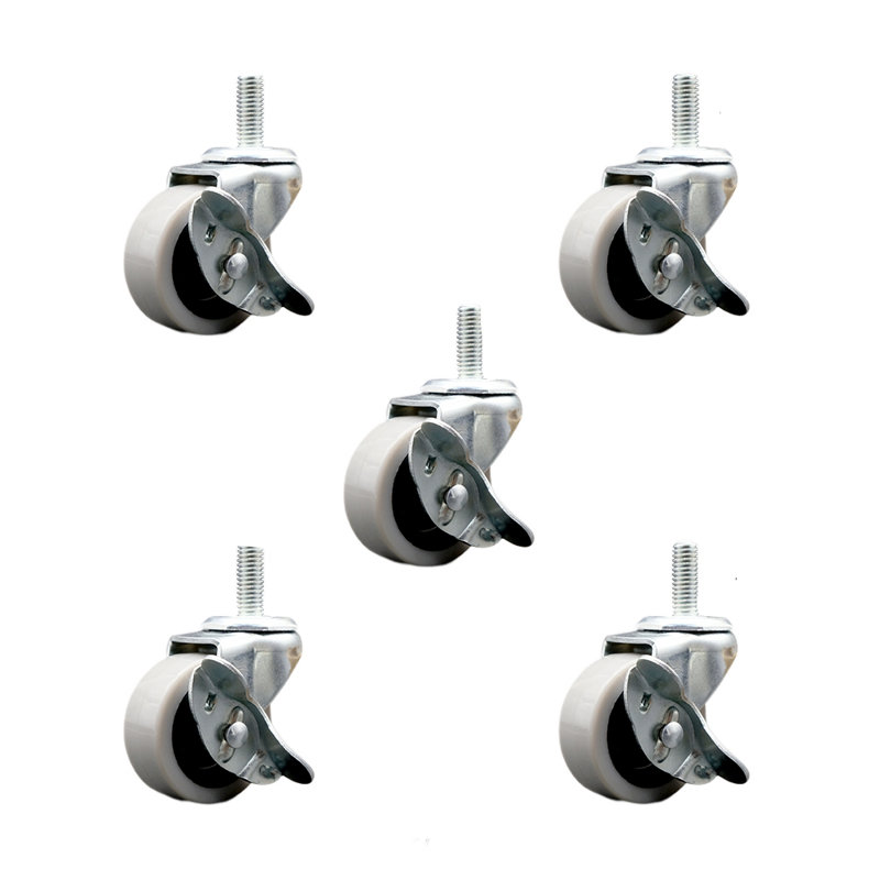 2 Inch Thermoplastic Wheel 12mm Threaded Stem Caster Set with Brakes Set of 5