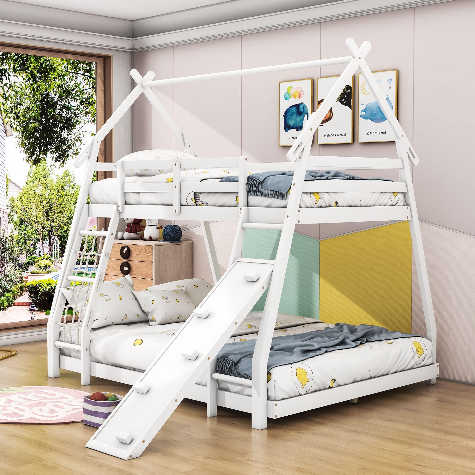 Harper Orchard Chaudhry Twin over Queen Wooden Bunk Bed with Climbing Ramp and Climbing Nets