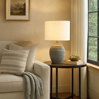 Jazz Tall Table Lamp With Gray Resin Ribbed Base, Ivory Fabric Shade