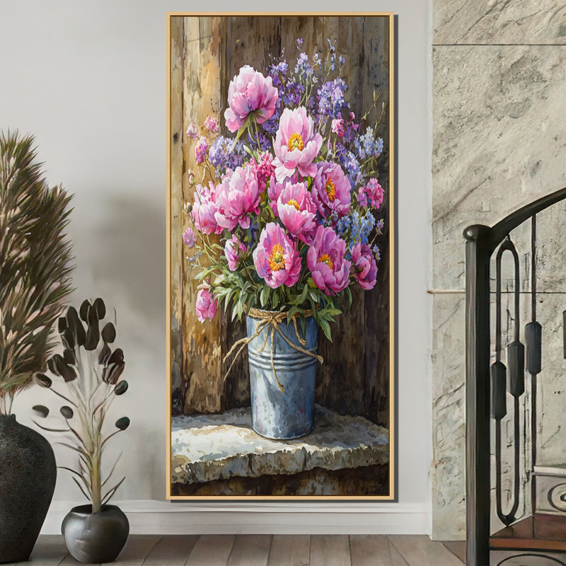 Art mural Abell Barnyard Wildflowerand Poppies, H 60 po x l 28 po, Impression sur cadre flottant, Crème, crème