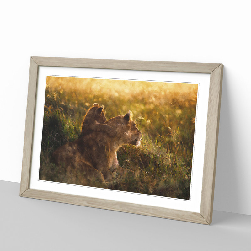 Lioness with Lion Cub - Framed Print, 27cm H x 36cm W x 2cm D, Oak Framed