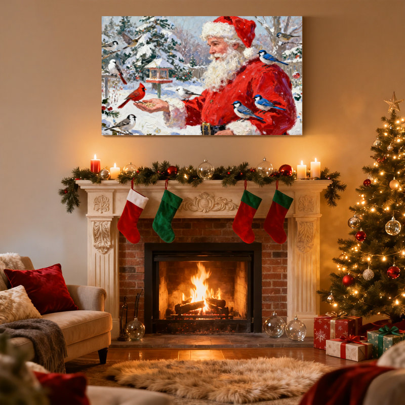 Ensemble de 3 impressions sur toile de Noël, père Noël nourrissant des oiseaux dans une scène d'hiver enneigée