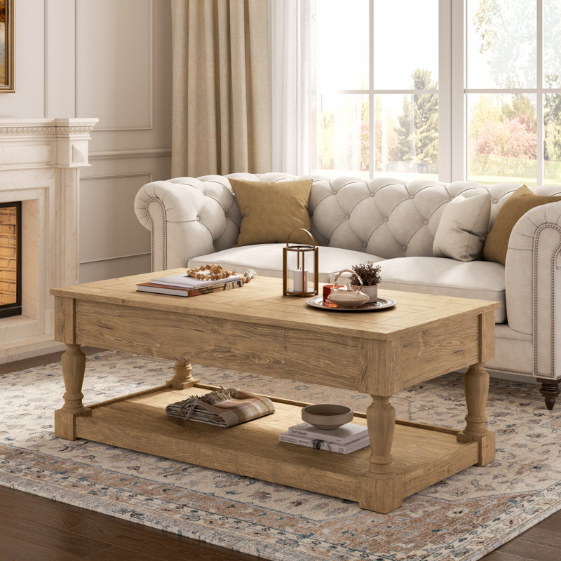 Table basse relevable avec pieds en bois massif sculpté - rangement caché, table de salon rustique moderne, Bois Narual