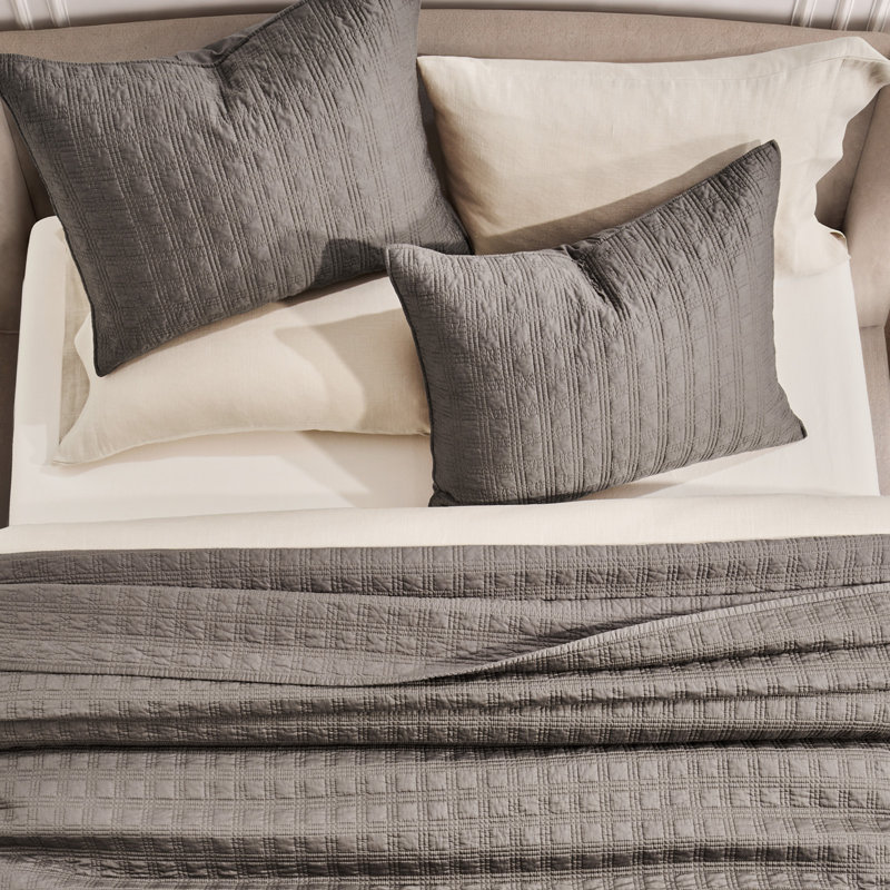Ensemble de courtepointe en satin de coton Modern Windowpane, couvre-lit 100% coton prélavé, ensemble de literie légère 3 pièces avec 2 taies décoratives pour toutes les saisons