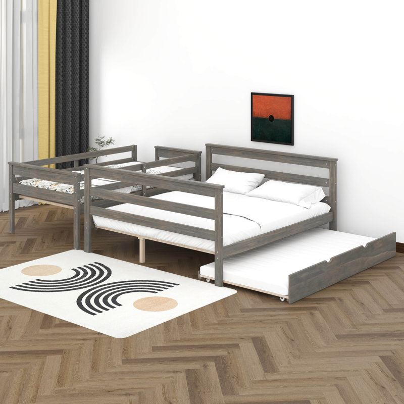 Lit superposé simple au-dessus de grand lit en bois avec lit gigogne Wood, Gris