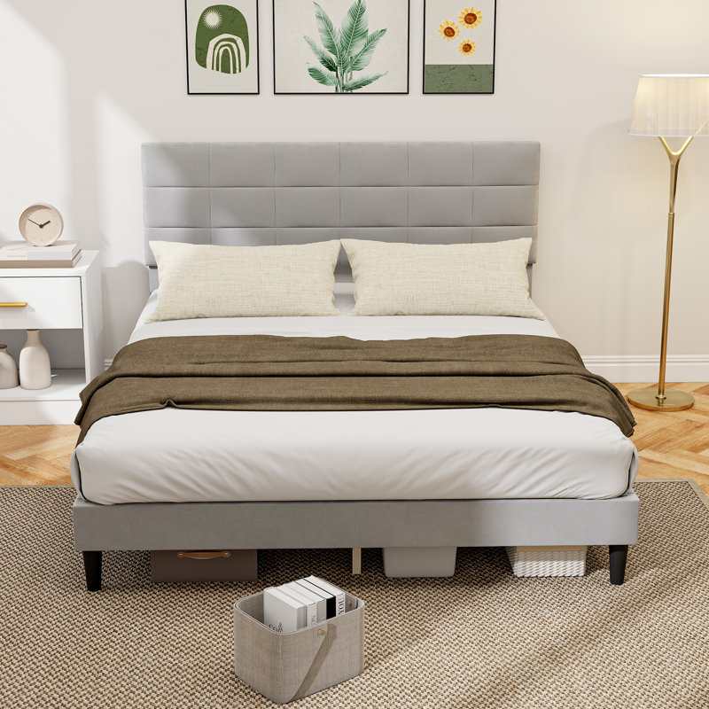 Cadre de grand lit avec tête de lit tapissier gris, Gris, Grand lit