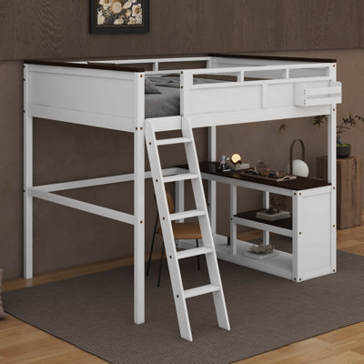 Queen Size Loft Bed With Desk,Open Shelf And USB Charging Station
