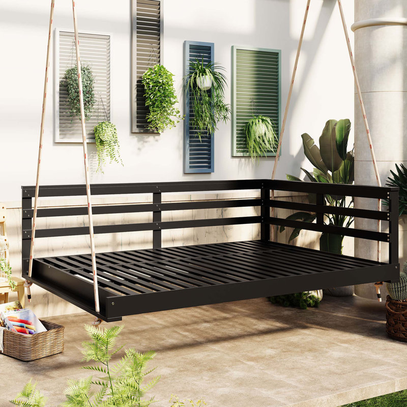 Lit à balançoire en bois d'acacia pour l'extérieur avec cordes en chanvre - Lit suspendu pour patio pleine grandeur, capacité de 350 lb, conception minimaliste ouverte pour patio, cour arrière, jardin