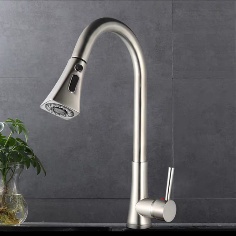 Robinet de cuisine à poignée simple rétractable, Nickel brossé