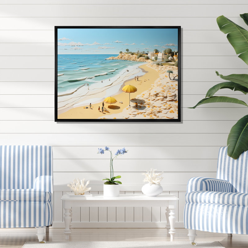 Ambre Coastal Beachside Wanderer Papercut sur toile, H 34 po x l 44 po x P 1,5 po, Cadre flottant noir