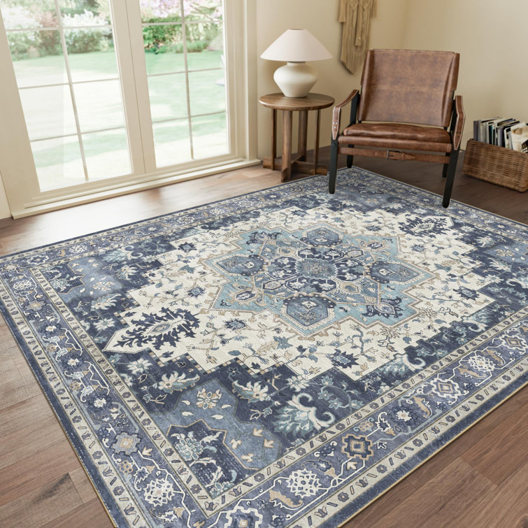 Oriental Blue Area Rug Vintage Washable Non-Slip Indoor Rugs